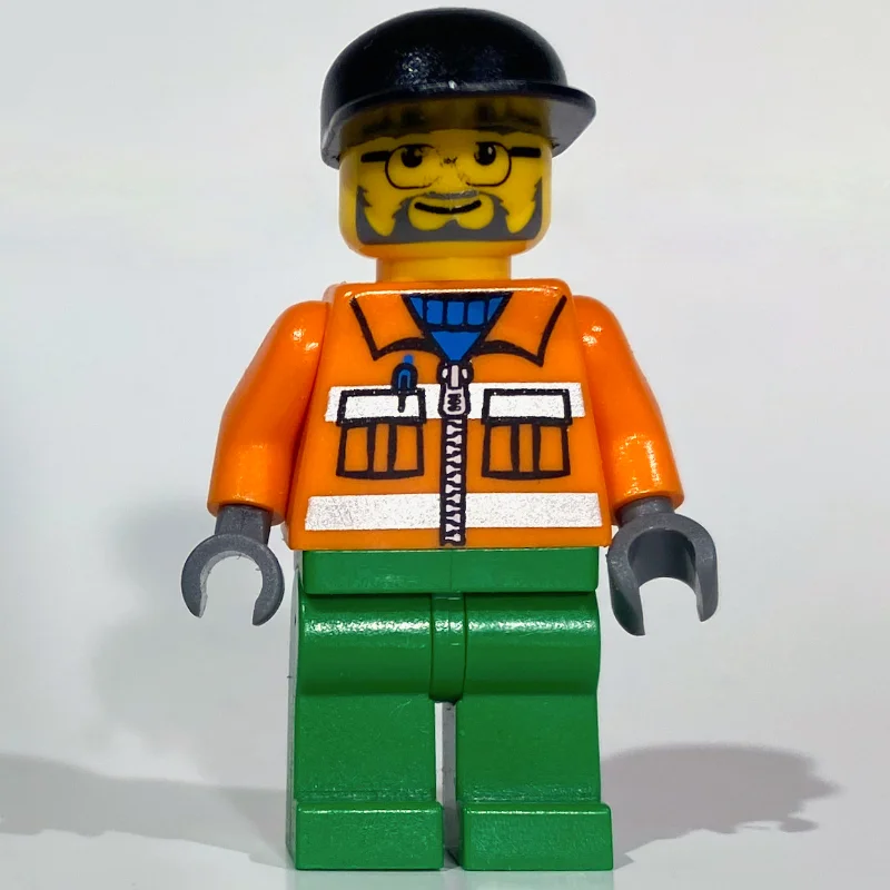 Construction Worker, Orange Jacket with Zipper and Reflective Stripes, Green Legs, Black Cap, Beard and Glasses