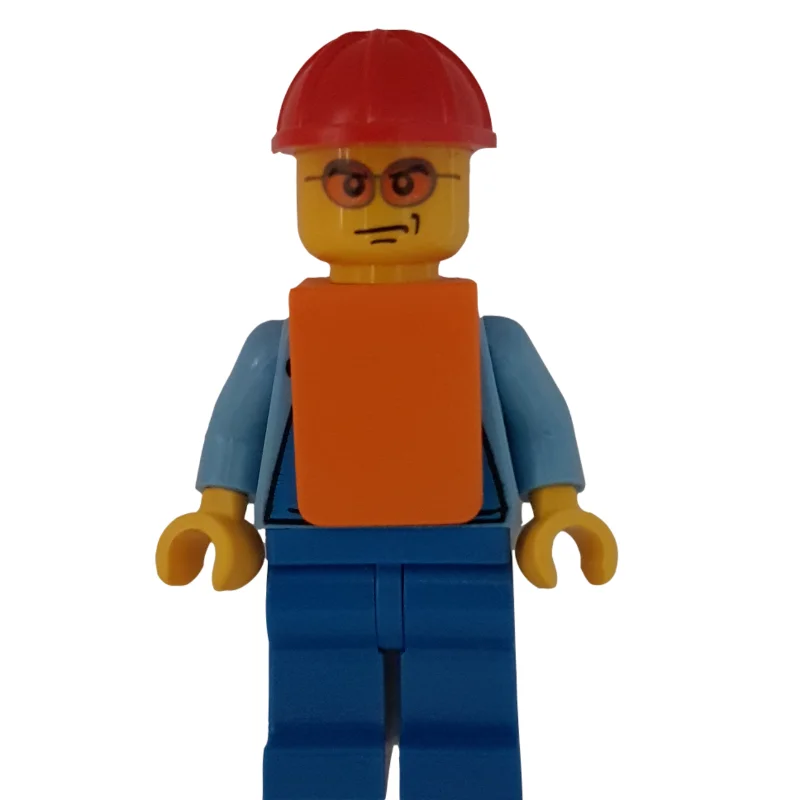 Man, Blue Overalls over Shirt, Red Hard Hat, Orange Vest, Orange Sunglasses