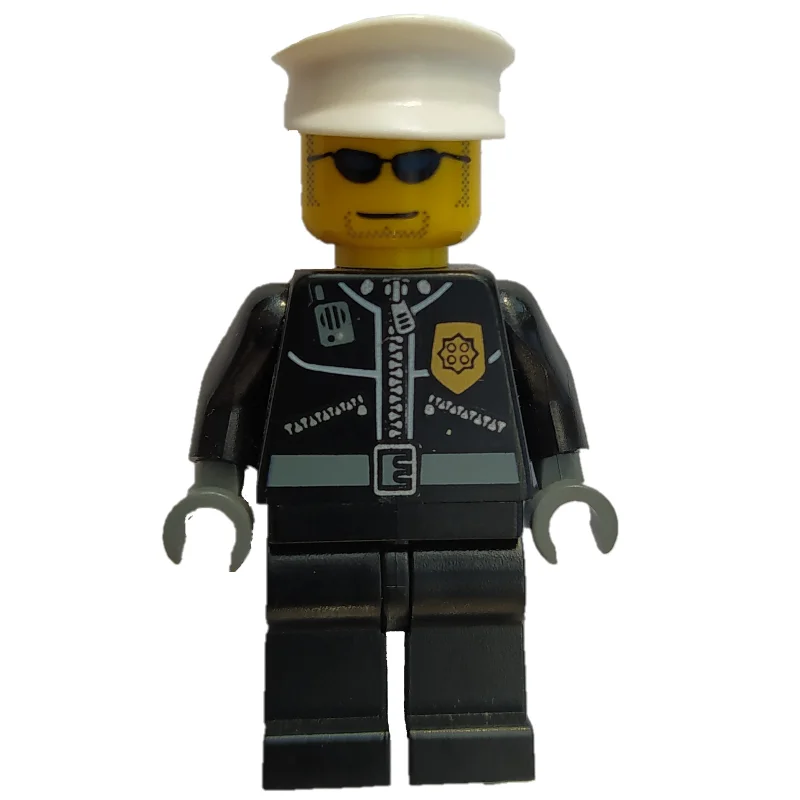 Policeman, Black Jacket with Zipper, Radio, and Badge, White Hat, Sunglasses