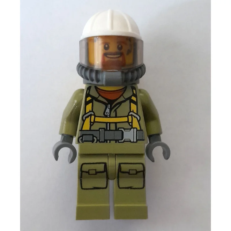 Volcano Explorer, Man, Olive Green Jumpsuit with Straps, White Hard Hat with Visor, Breathing Apparatus, Airtanks, Goatee Beard