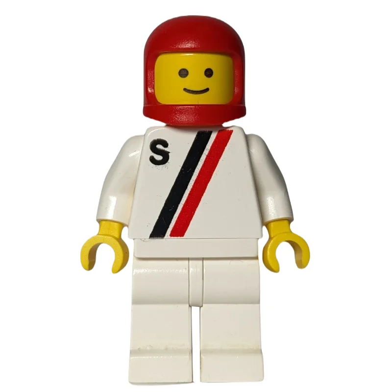 Racer, White Shirt with Two Stripes and 'S', White Legs, Red Helmet