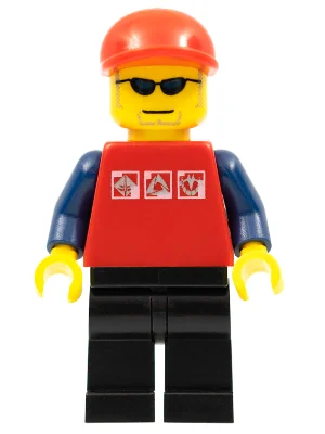 Man, Red Top with Dark Blue Arms, Black Legs, Red Cap, Sunglasses