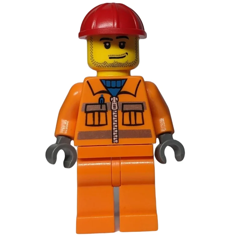 Construction Worker in Orange Jacket with Zipper and Reflective Stripes, Red Helmet, Smirk and Stubble Beard