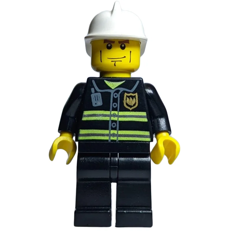 Fireman, Black Fire Jacket with Reflective Stripes, Radio, and Badge, Yellow Hands, White Helmet, Cheek Lines