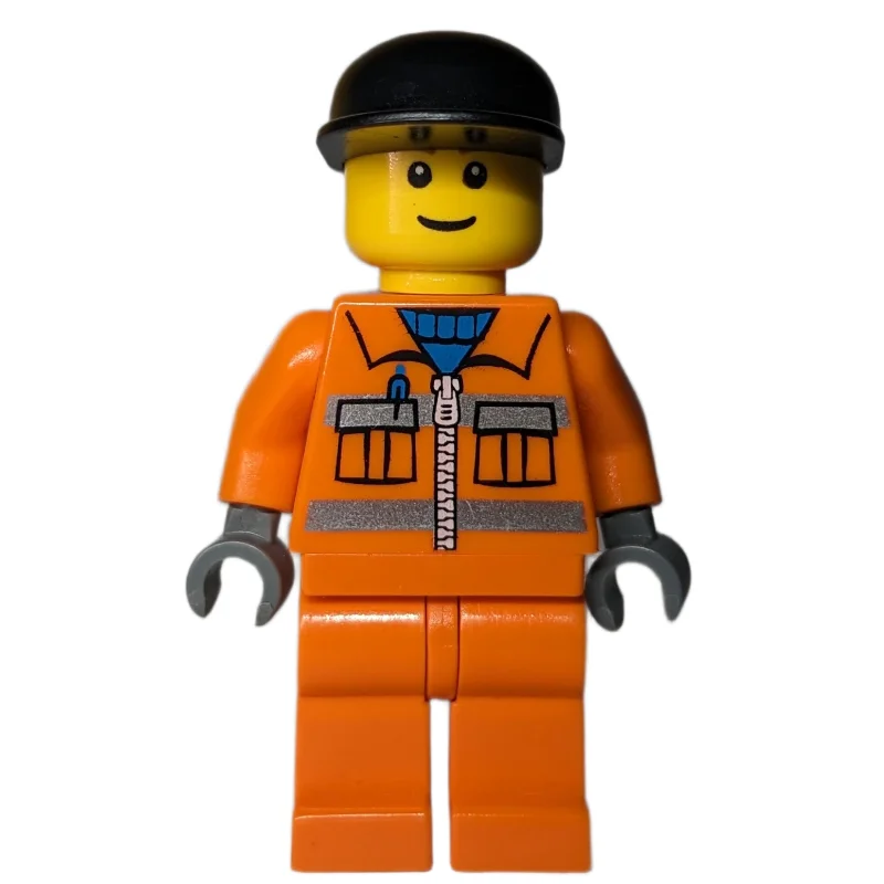 Construction Worker, Orange Jacket with Zipper and Reflective Stripes, Orange Legs, Black Cap