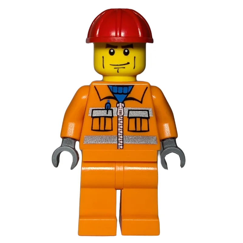 Construction Worker, Orange Jacket with Zipper and Reflective Stripes, Orange Legs, Red Hard Hat, Cheek Lines