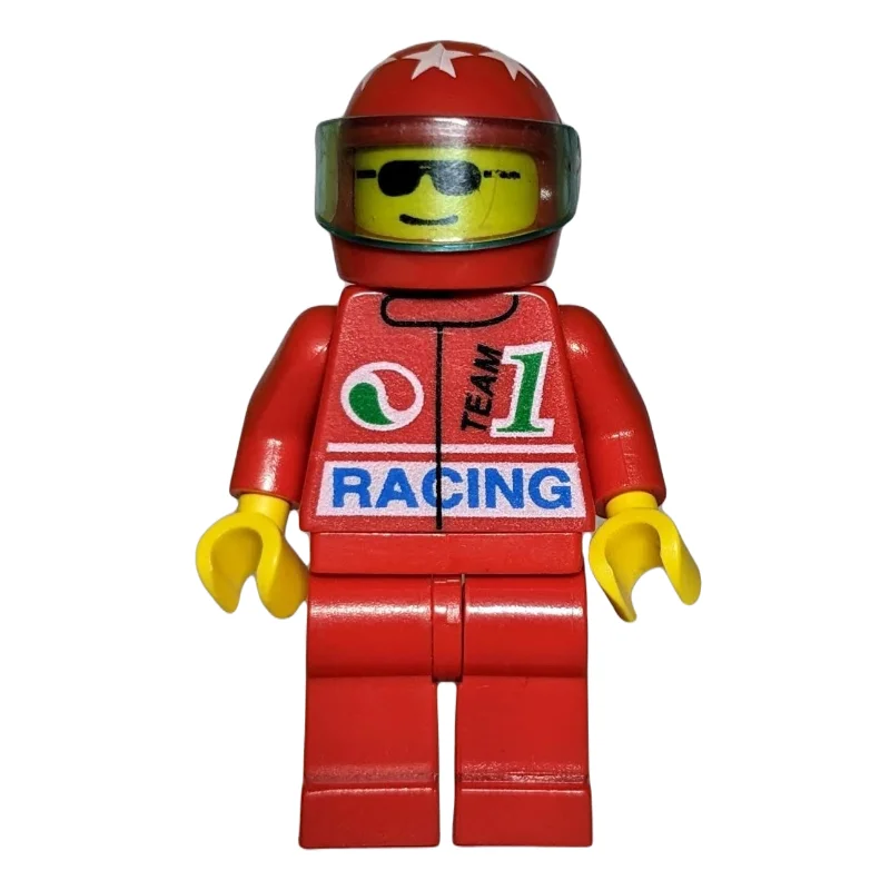 Racer, Red Jacket with Octan Logo and 'RACING', Red Legs, Red Helmet with Visor, Sunglasses