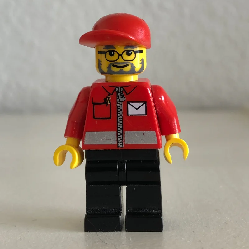 Postal Worker, Red Jacket with Zipper and Letter Logo, Black Legs, Red Cap, Beard and Glasses