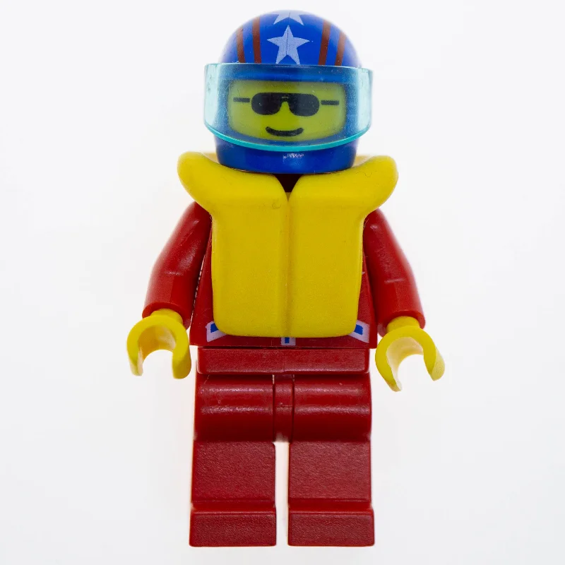 Racer, Red Jacket with 2 Stars, Blue Helmet with Stars and Visor, Yellow Life Vest, Sunglasses