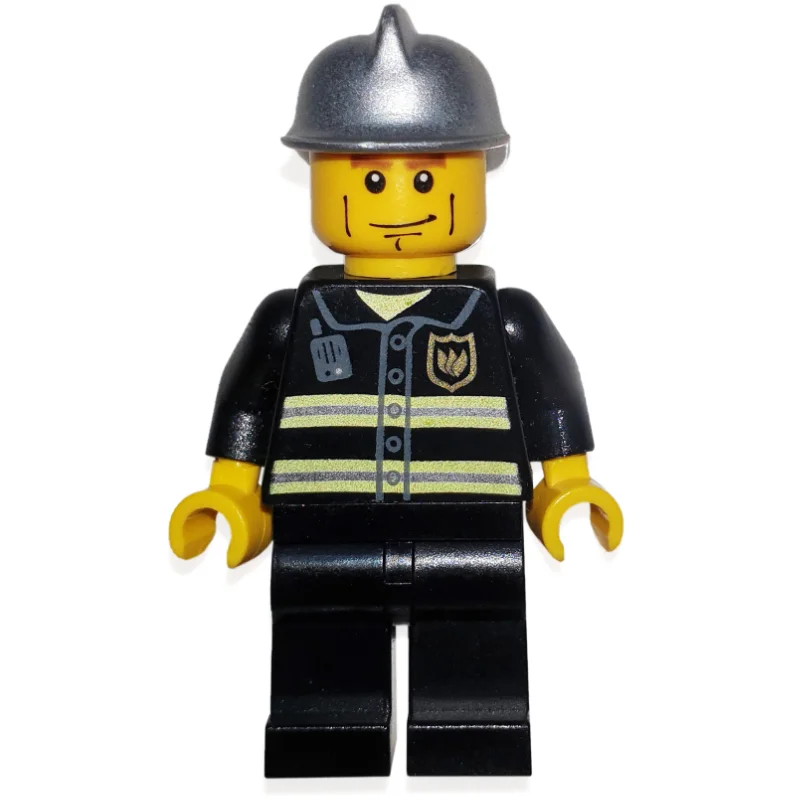 Fireman, Black Fire Jacket with Reflective Stripes, Radio, and Badge, Silver Helmet, Cheek Lines