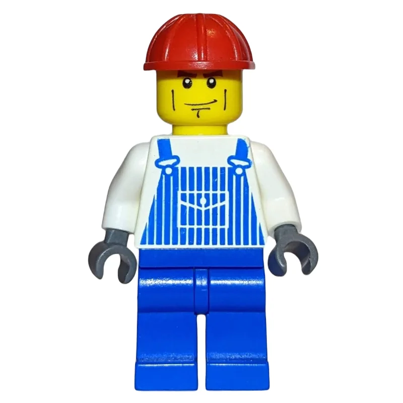 Construction Worker, White and Blue Overalls, Red Hard Hat, Cheek Lines