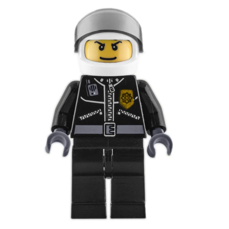 Policeman, Black Jacket with Zipper, Radio, and Badge, White Helmet and Visor, Printed Hair-line