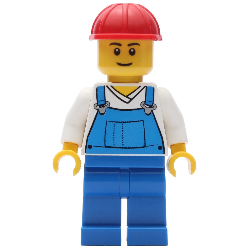 Blue Overalls and White V-Necked Shirt, Red Hard Hat