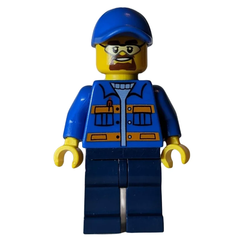 Worker, Blue Jacket with Orange Stripes, Dark Blue Legs, Blue Cap, Safety Glasses and Goatee Beard