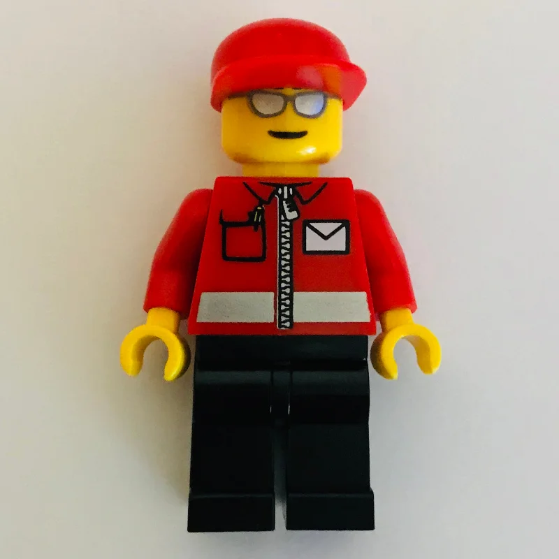 Postal Worker, Red Jacket with Zipper and Letter Logo, Black Legs, Red Cap, Silver Sunglasses