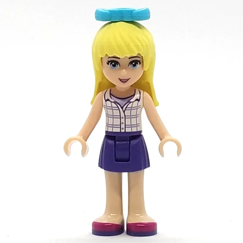 Stephanie - White Plaid Top, Dark Purple Skirt, Medium Azure Bow in Hair
