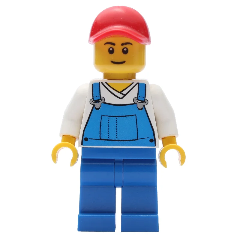Man, Blue Overalls over White V-Neck Shirt, Red Cap