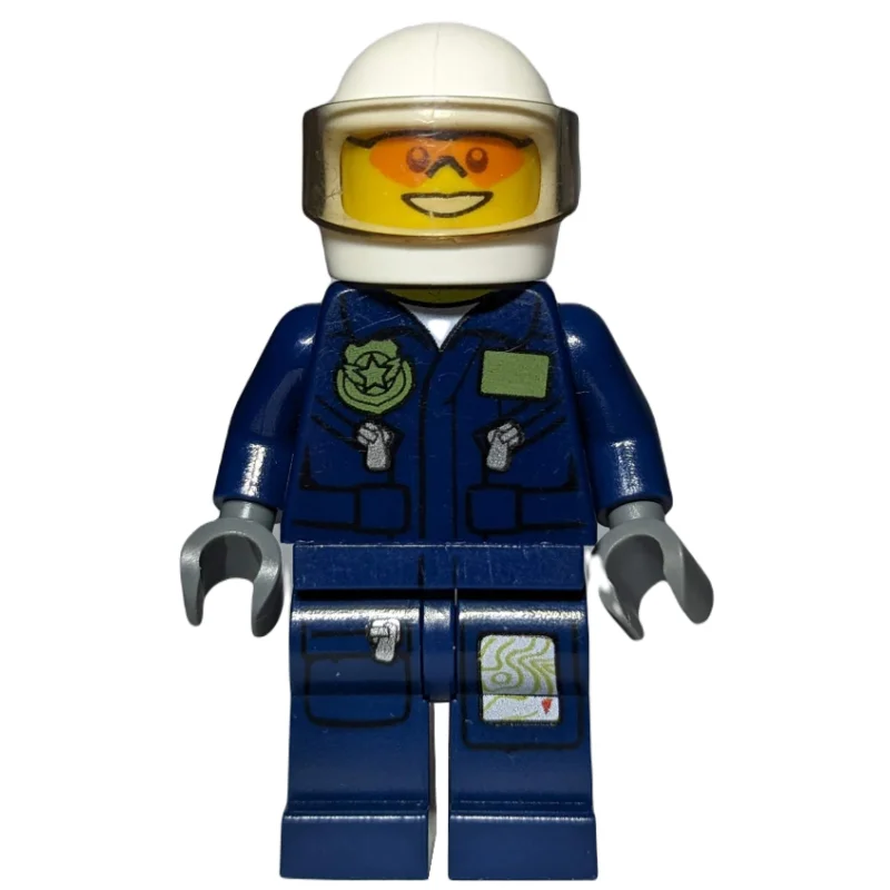 Policeman, Dark Blue Jacket with Pockets and Badge, White Helmet with Visor, Orange Sunglasses