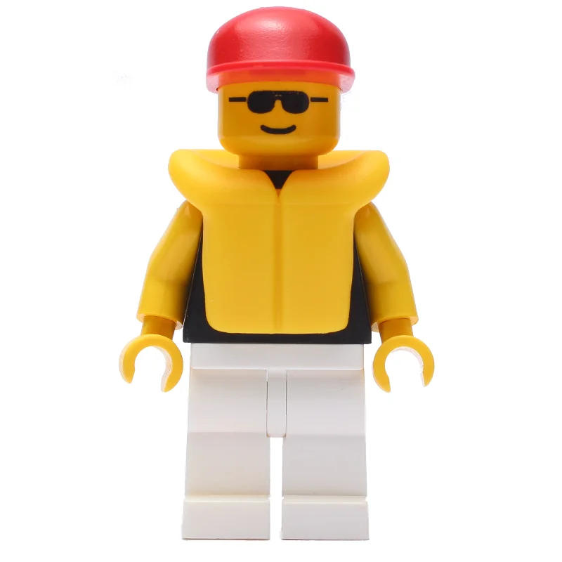 Man, Black Torso, White Legs, Red Cap, Yellow Life Vest, Sunglasses