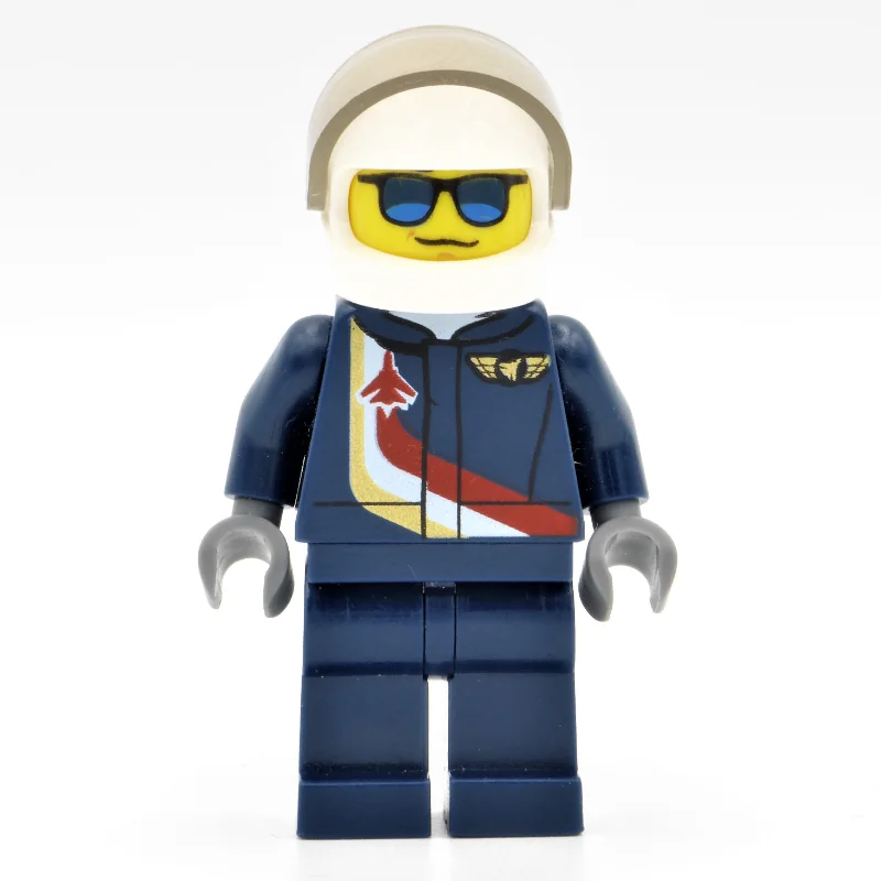 Pilot, Dark Blue Jumpsuit with Plane and Wings Badge, White Helmet with Visor, Blue Sunglasses