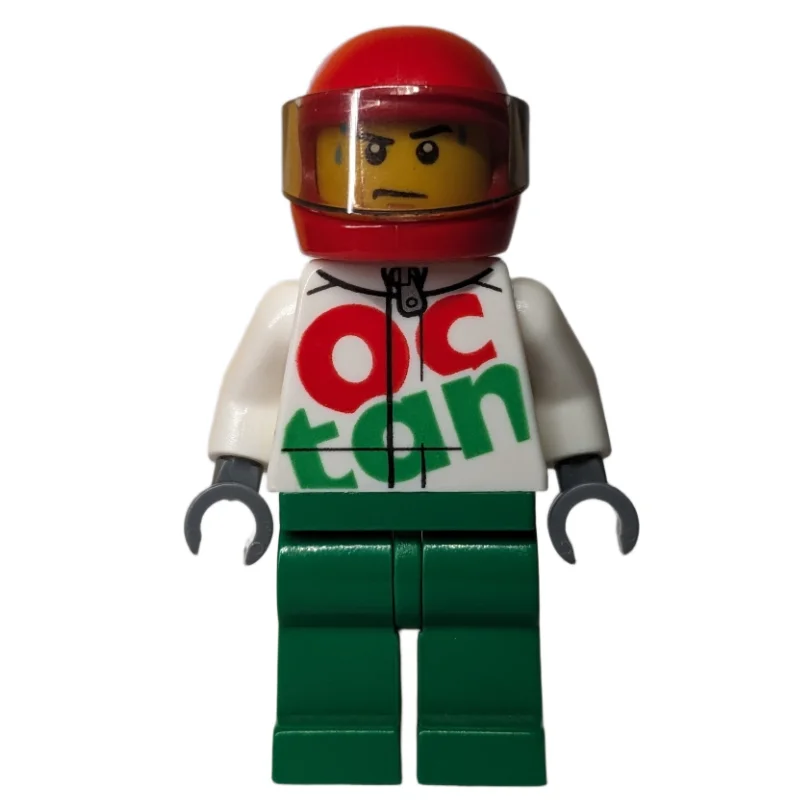 Racer, White and Green Jumpsuit with Large 'Octan', Red Helmet with Visor, Sweat Beads