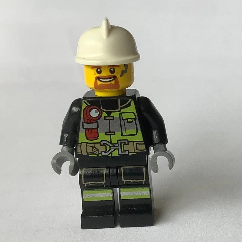 Fireman Fred, Black Fire Suit with Gauge and Straps, White Helmet, Goatee Beard
