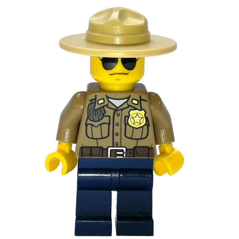 Forest Police / Ranger, Dark Tan Shirt with Radio and Badge, Dark Blue Legs, Tan Campaign Hat, Sunglasses
