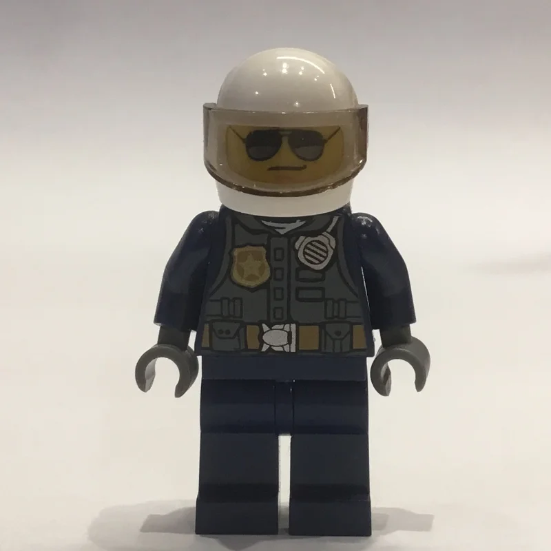 Policeman Tony Maverick, Dark Bluish Gray Vest with Radio and Badge over Dark Blue Shirt, White Helmet with Visor, Sunglasses