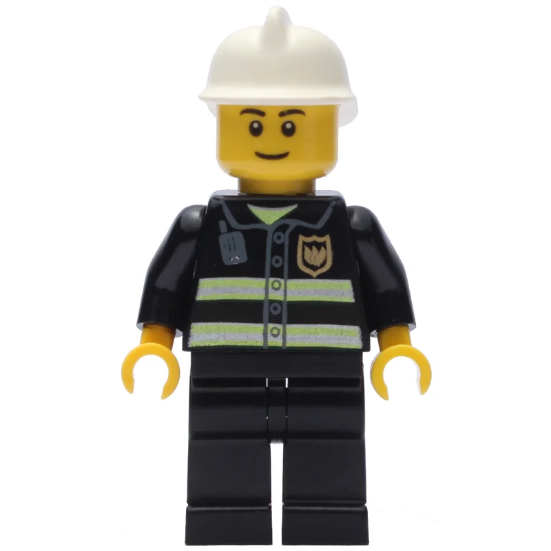 Fireman, Black Fire Jacket with Reflective Stripes, Radio, and Badge, White Helmet