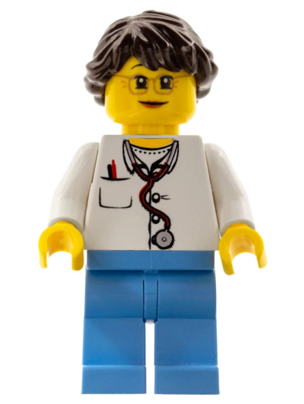Doctor, Woman, White Shirt with Pocket and Stethoscope, Medium Blue Legs, Dark Brown Hair, Glasses