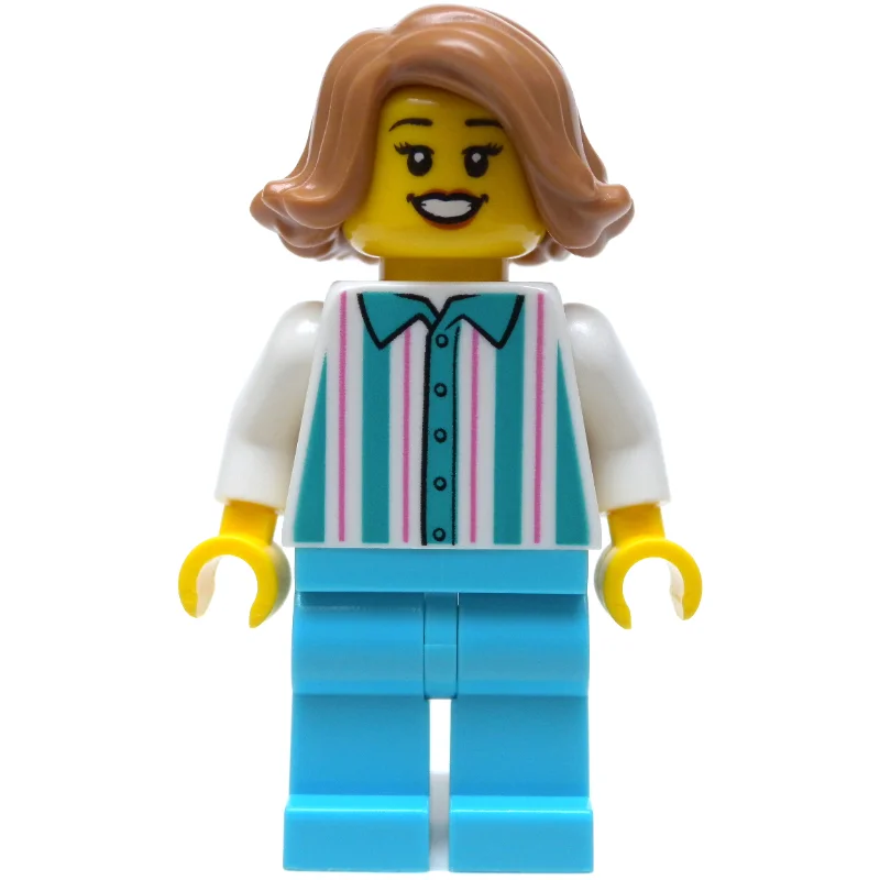 Woman, Shirt with White and Dark Turquoise Stripes, White Legs, Medium Nougat Hair
