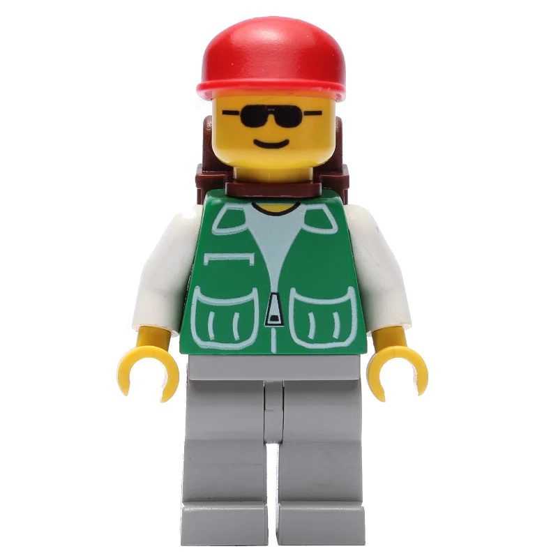 Man, Green Jacket, Light Grey Legs, Sunglasses, Brown Backpack