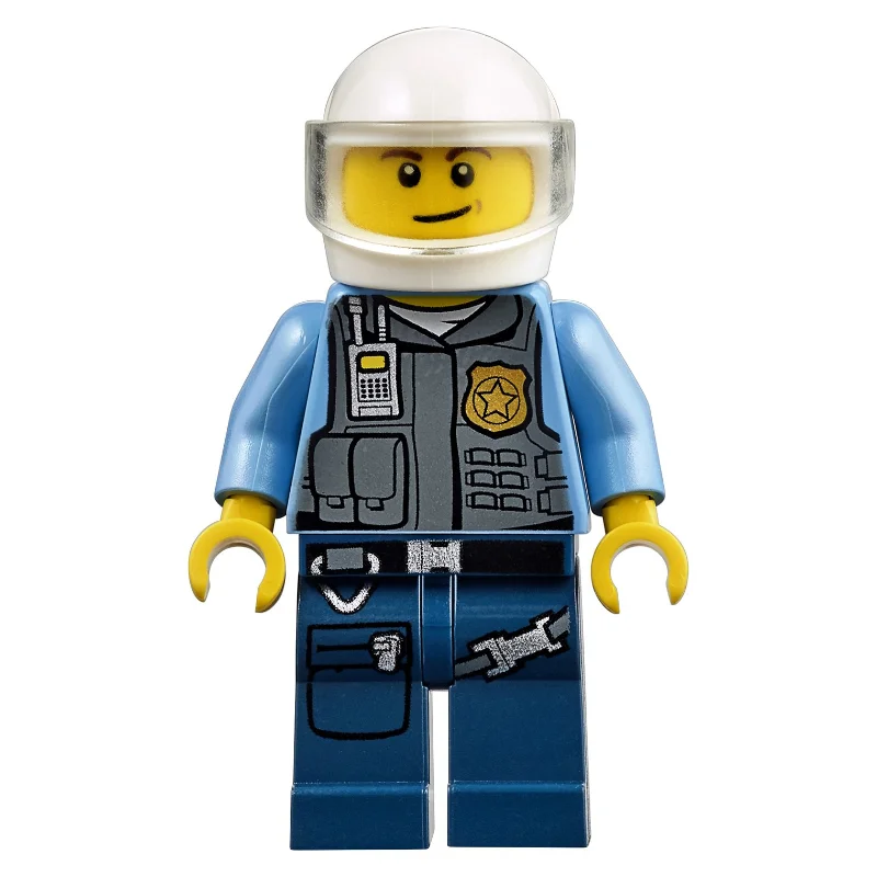 Policeman in Vest with Gold Badge, Radio, and Pockets. White Helmet with Trans-Clear Visor