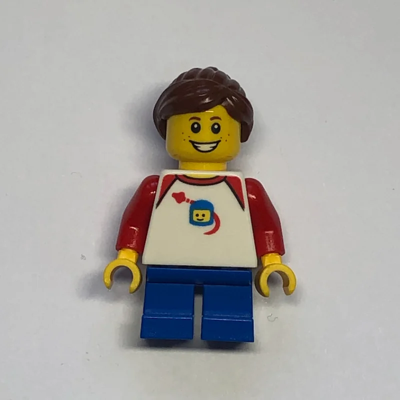 Girl, Classic Spaceman on Shirt, Short Blue Legs, Reddish Brown Ponytail