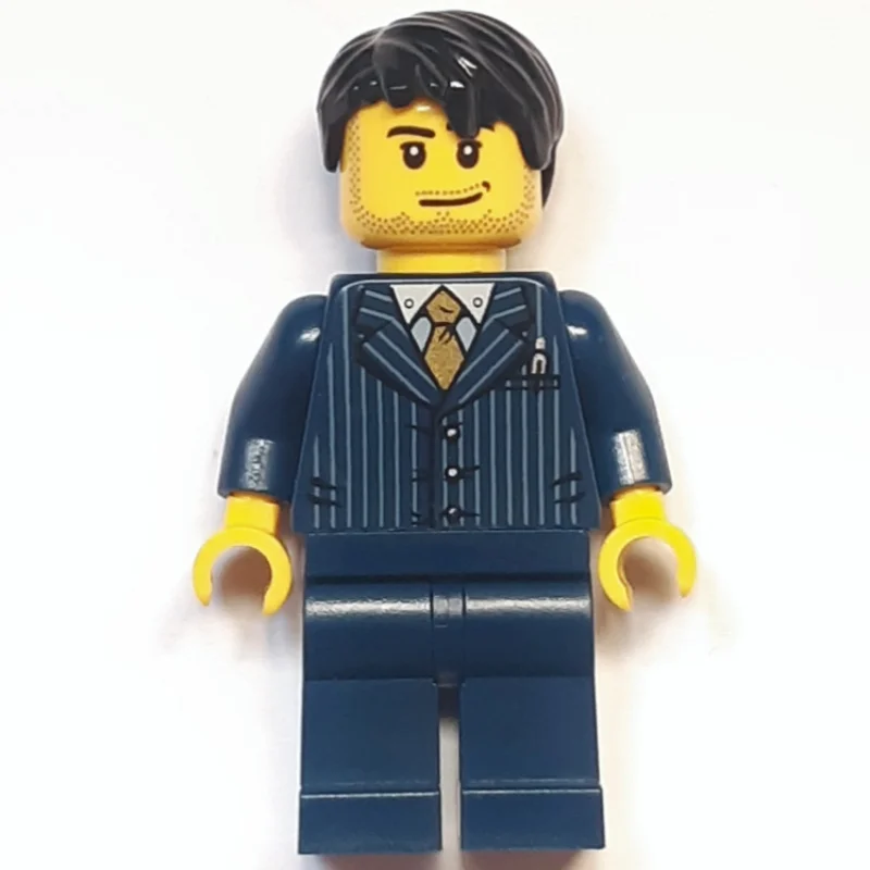 Man, Dark Blue Pinstripe Suit with Gold Tie, Black Hair