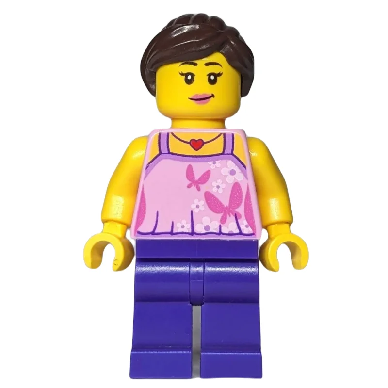 Woman, Bright Pink Halter Top with Butterflies, Dark Purple Legs