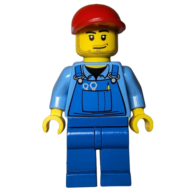 Man, Blue Overalls, Red Cap, Stubble