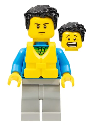 Man, Hoodie over Green and Lime Shirt, Life Vest, Black Hair