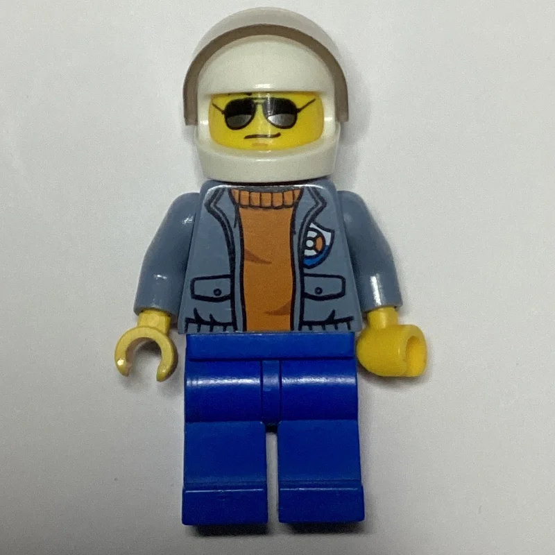 Coast Guard, Open Sand Blue Jacket with Badge over Orange Sweater, White Helmet with Visor, Sunglasses