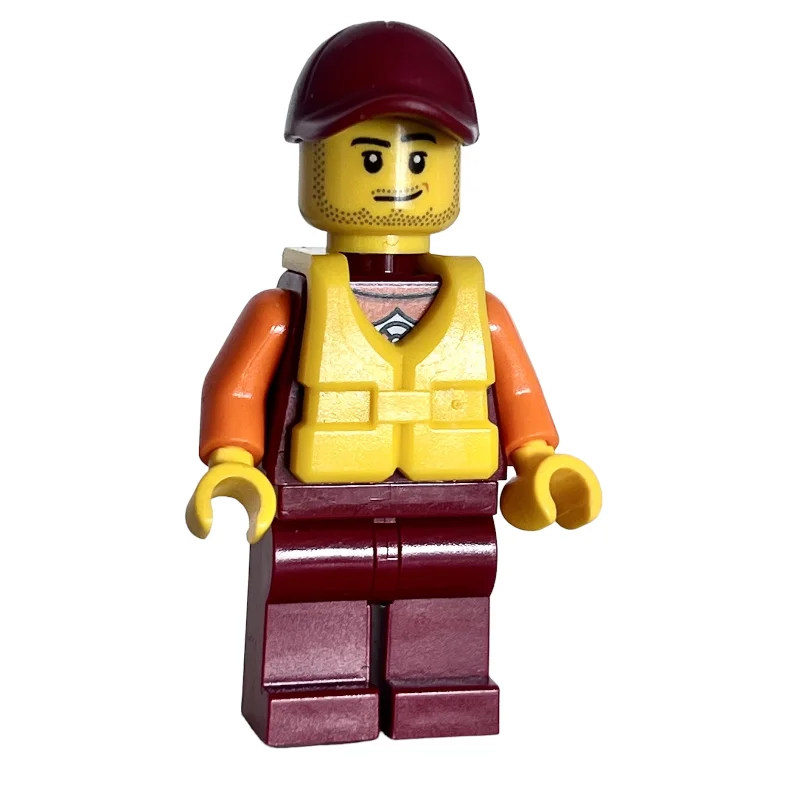 Lifeguard, Dark Red Wetsuit, Dark Red Cap, Yellow Life Vest, Stubble