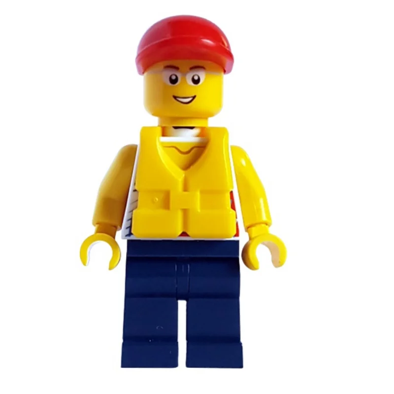Man, White Vest Top, Dark Blue Legs, Red Cap, Yellow Life Vest, Glasses