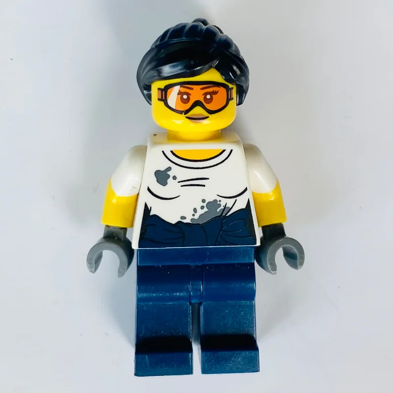 Mechanic, Dirty White Shirt, Dark Blue Legs, Orange Goggles, Woman