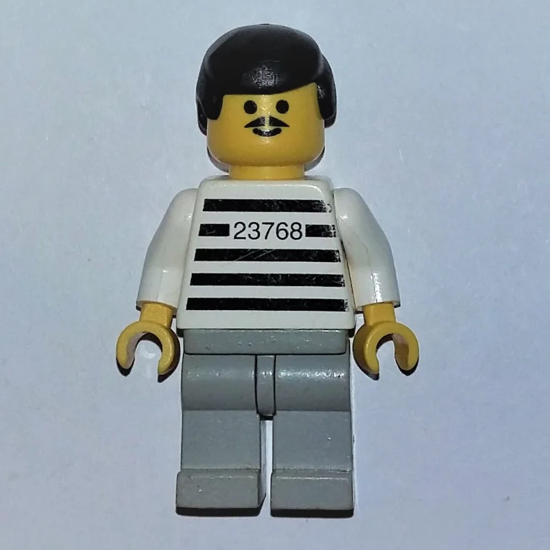 Jailbreak Joe, Prison Shirt with #23768, Light Bluish Gray Legs, Black Hair, Moustache