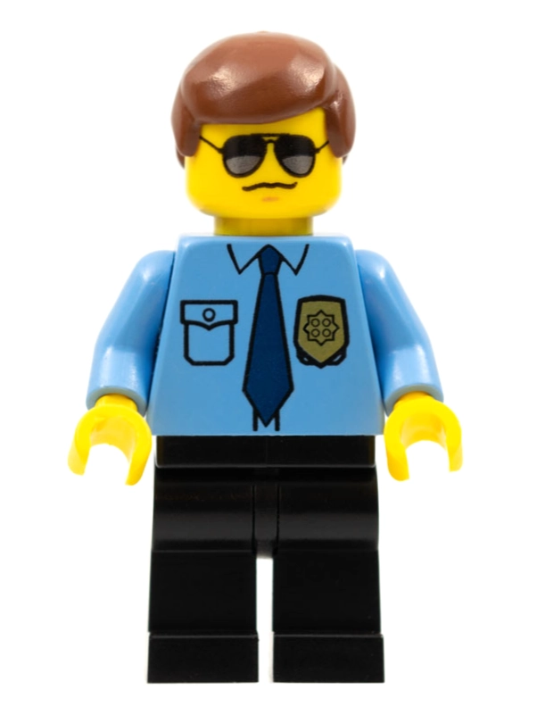 Policeman, Medium Blue Shirt with Badge and Tie, Reddish Brown Hair, Sunglasses