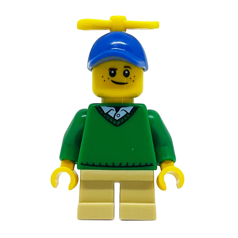 Boy, Green Sweater, Short Tan Legs, Blue Cap with Propeller