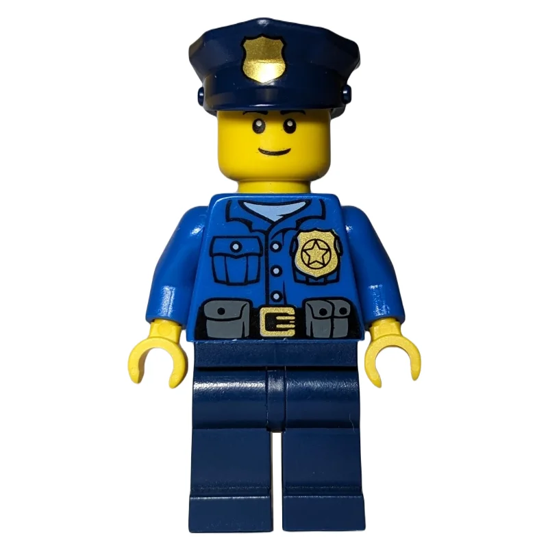 Policeman, Blue Shirt with Badge and Pouches, Dark Blue Legs, Dark Blue Police Hat with Badge