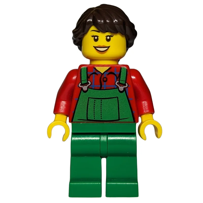 Woman, Green Overalls over Red Paid Shirt, Dark Brown Hair