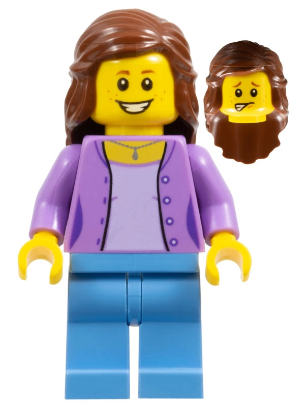 Woman, Open Medium Lavender over Lavender Shirt, Blue Legs, Reddish Brown Hair