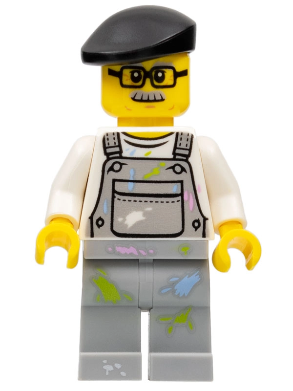 Man, Light Bluish Gray Overalls with Paint Stains, Black Beret, Glasses and Moustache