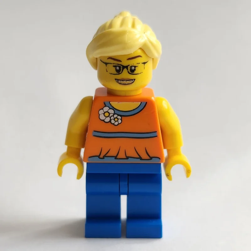 Woman, Orange Halter Top with Flowers, Blue Legs, Bright Light Yellow Hair, Glasses